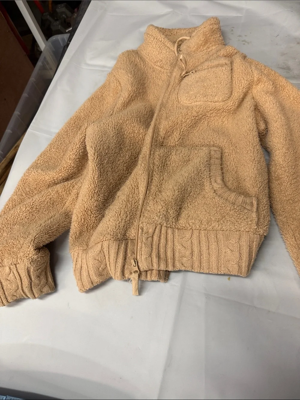 Kids Sherpa Pea Coat in Tan - Soft Zip Jacket